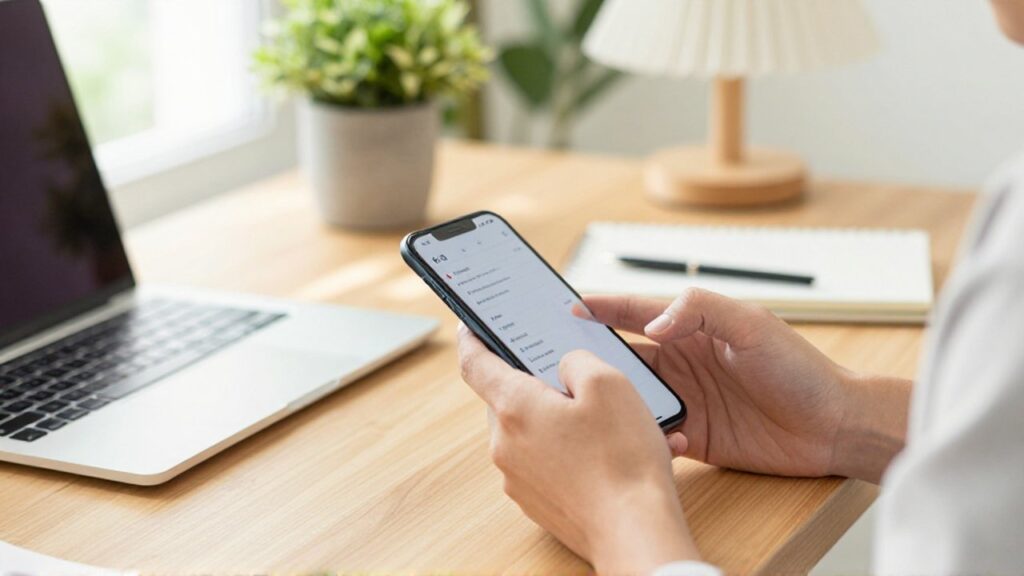 A person's hands manage files on a smartphone at a wooden desk in a bright office.