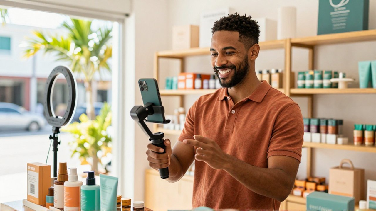A smiling entrepreneur uses a smartphone on a gimbal to film products inside a sunlit boutique.