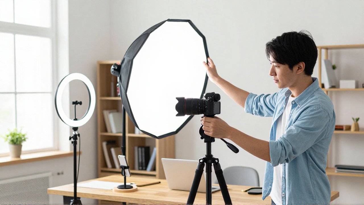 A content creator sets up a mirrorless camera and professional lighting in a modern home office.