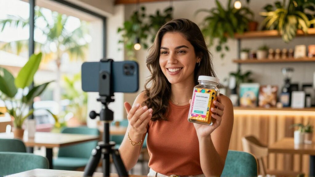A smiling young entrepreneur films a product demonstration with a smartphone in a sunlit cafe.