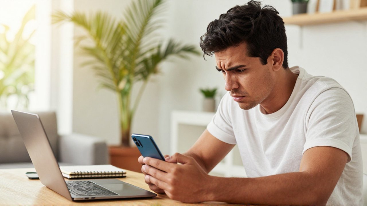A frustrated young adult stares intensely at an Android smartphone while troubleshooting connectivity at a desk.