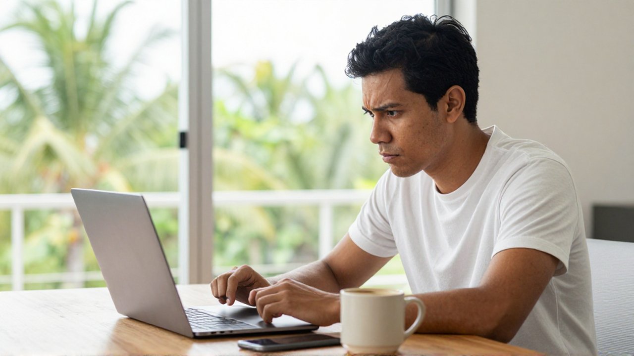 A skeptical person sits at a wooden desk, hesitating to click a link on their laptop.
