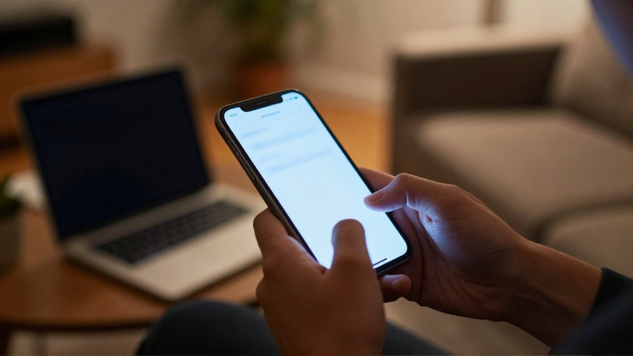 Hands hover indecisively over a glowing smartphone screen in a dimly lit living room.