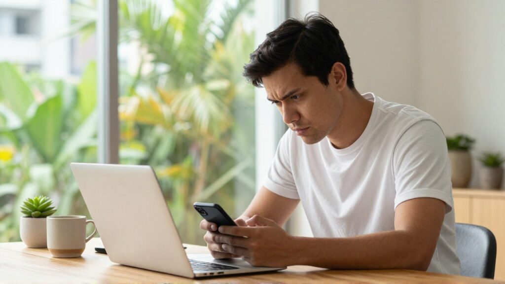 A skeptical young professional examines a smartphone while sitting at a desk in a sunlit home office.