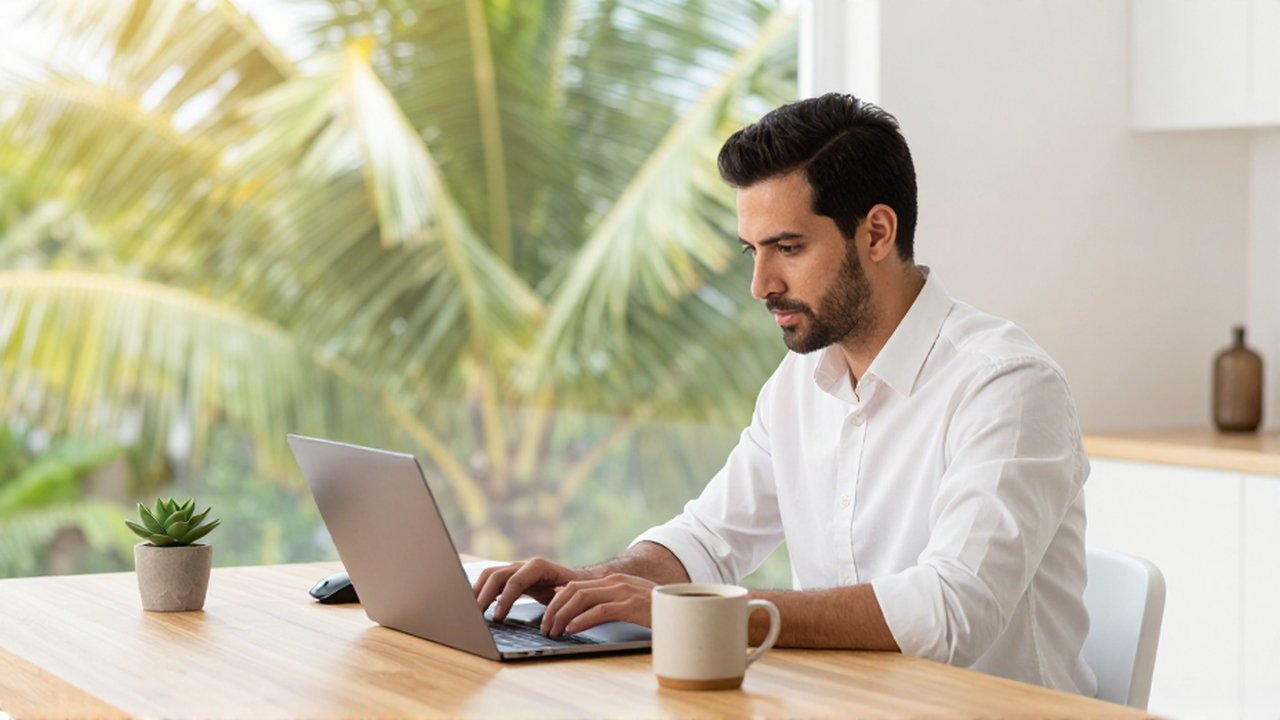 A focused professional man works on a laptop at an organized desk in a sunlit, tropical home office.