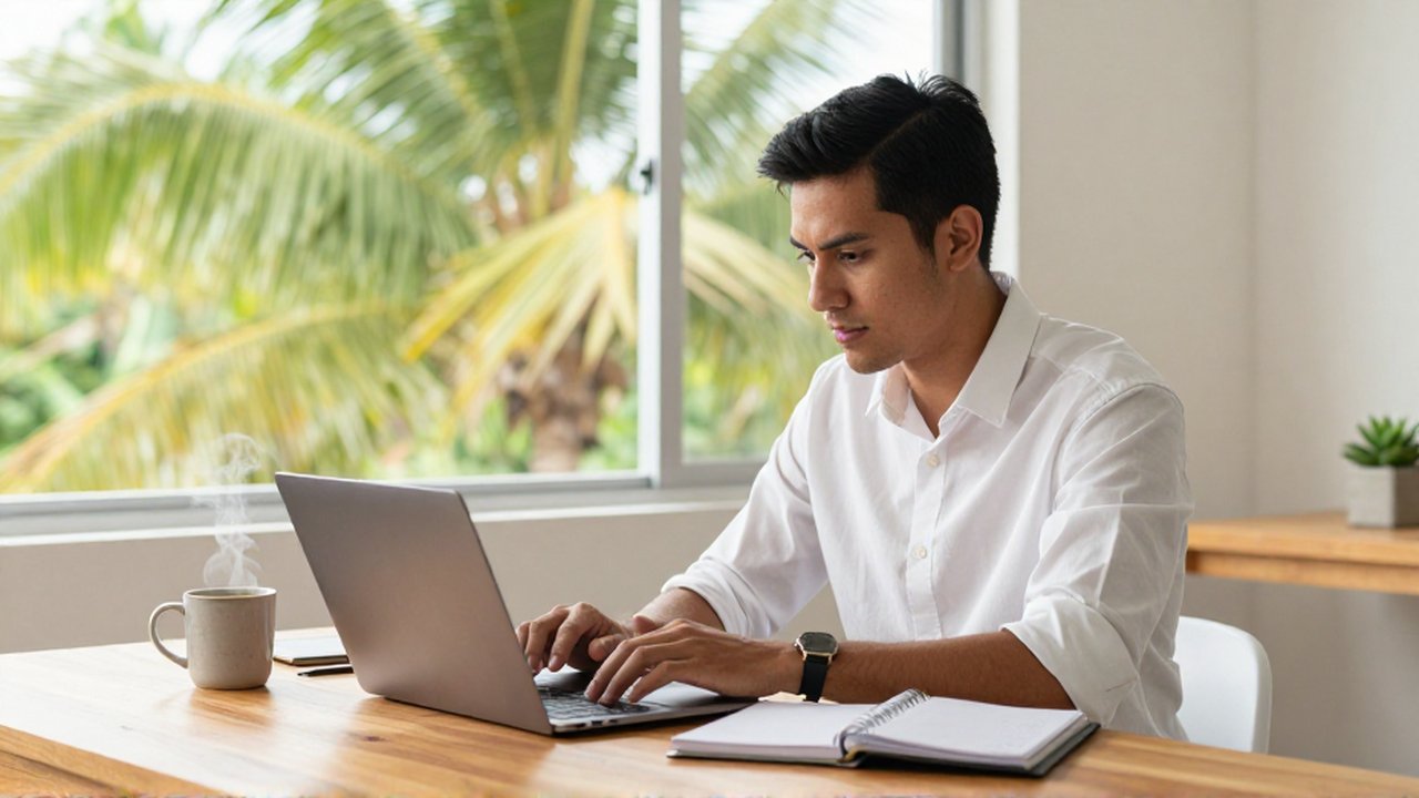 A young man types on a laptop and checks a planner at a bright, tropical home office desk.