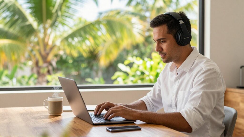 A man wearing noise-canceling headphones works on a laptop at a desk near tropical greenery.
