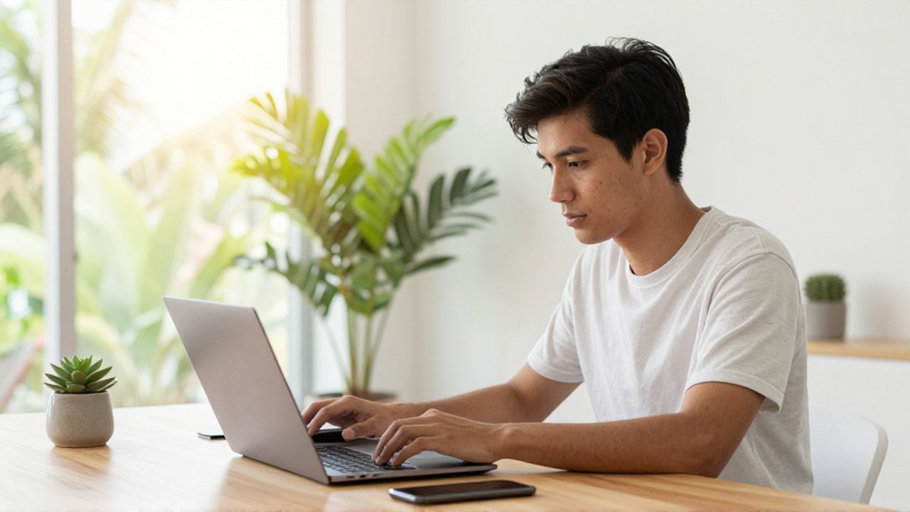 A focused professional works on a laptop at a modern, sunlit desk in a minimalist home office.