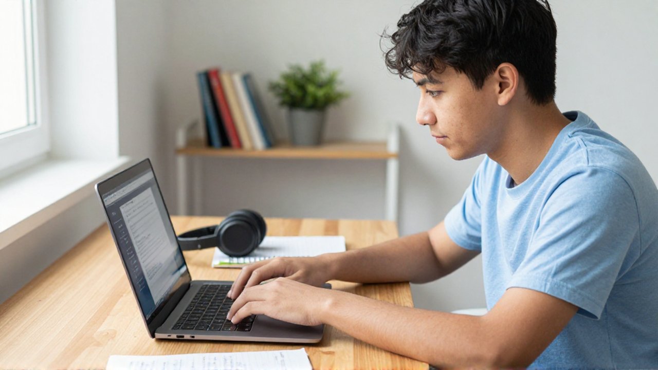 A focused student types on a laptop at a wooden desk in a sunlit study.
