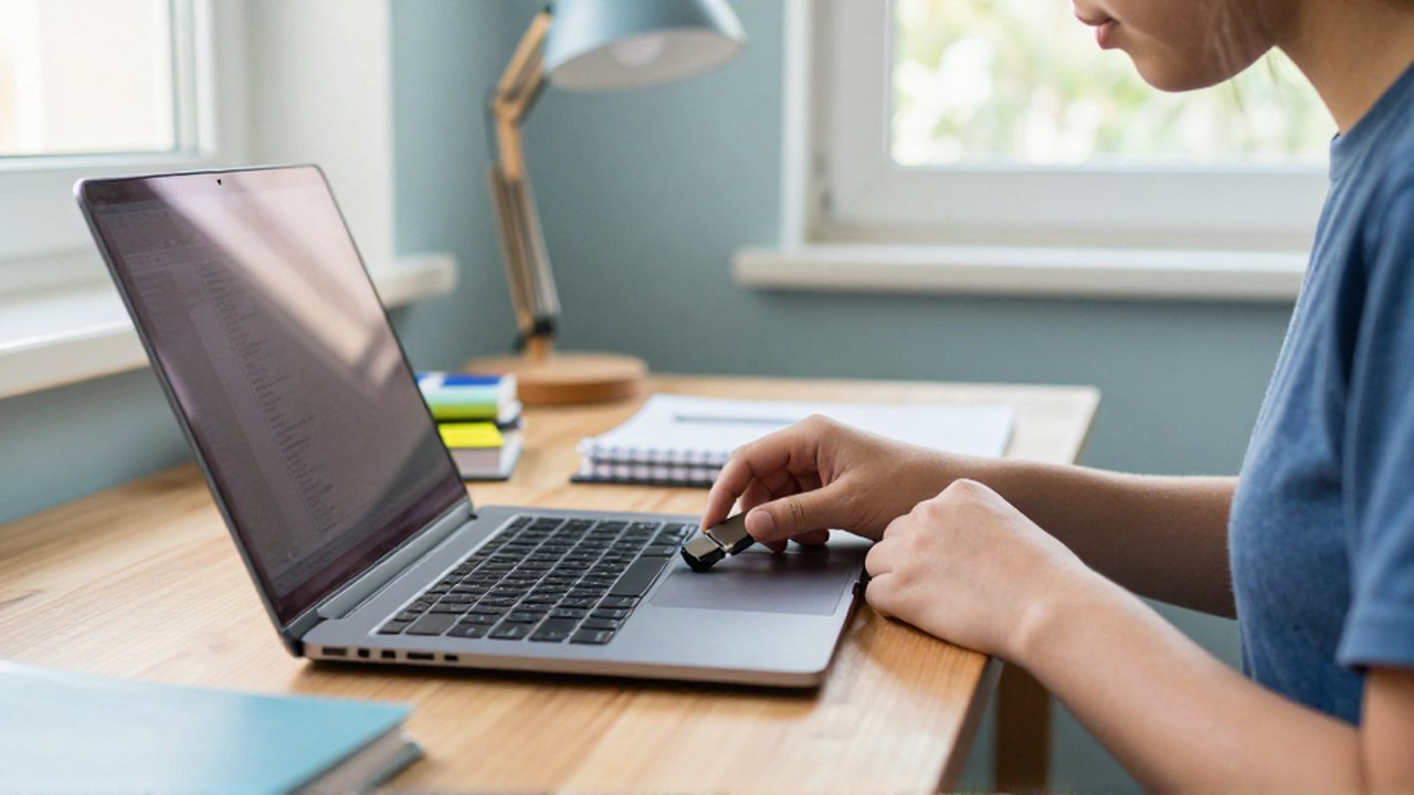 A student's hands insert a USB flash drive into a vintage silver laptop on a wooden desk.