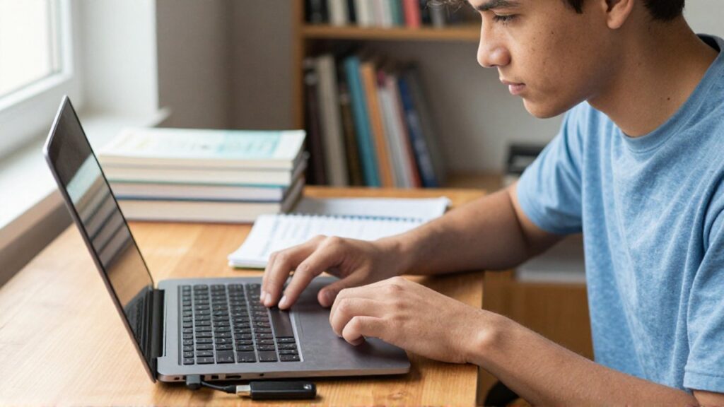 A focused student plugs a USB flash drive into a silver laptop at a sunlit desk.