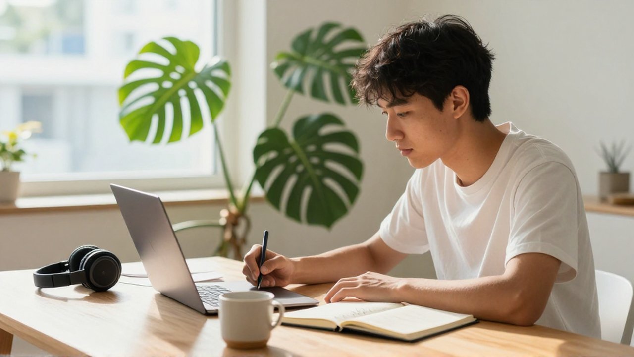 A focused young adult takes handwritten notes while studying on a laptop in a sunlit home office.