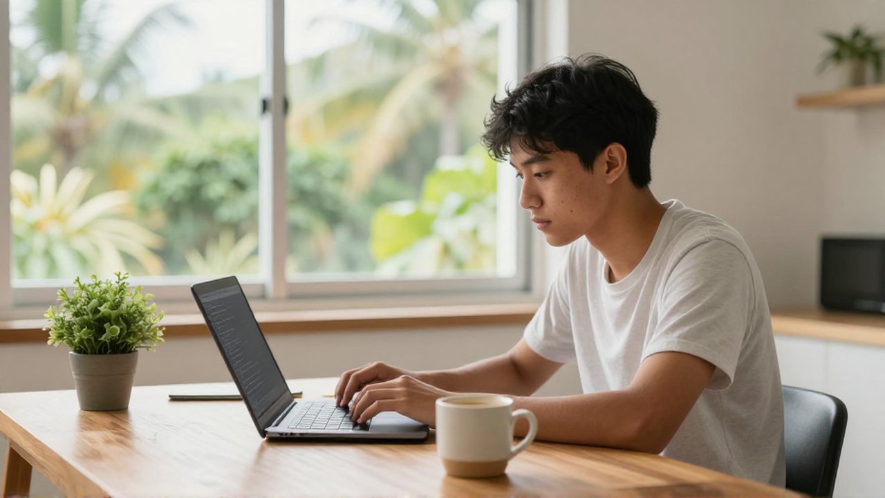 A focused student studies code on a laptop at a sunlit wooden desk in a home office.