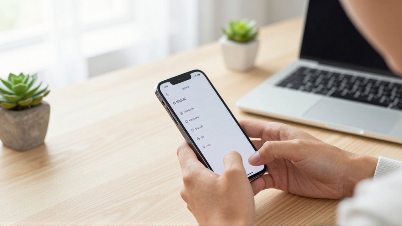 Hands adjusting privacy settings on a smartphone atop a clean, organized wooden desk.