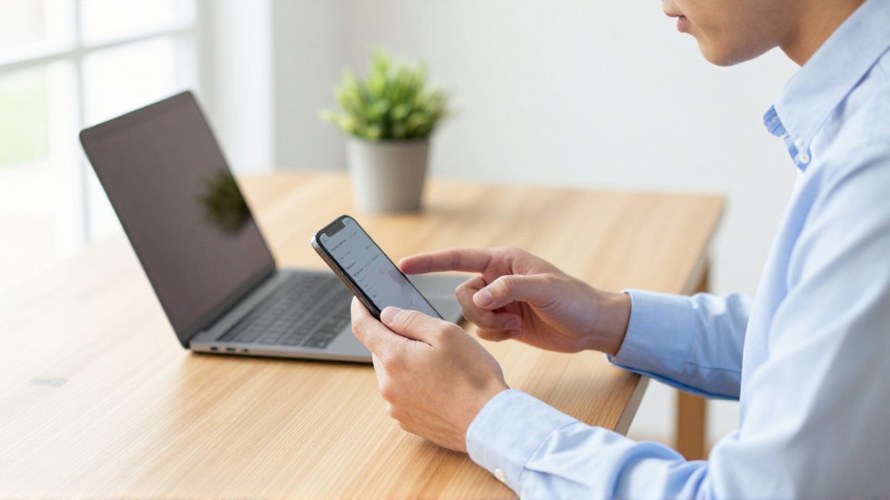 A young professional sits at a wooden desk, focusing intently while adjusting settings on a smartphone.