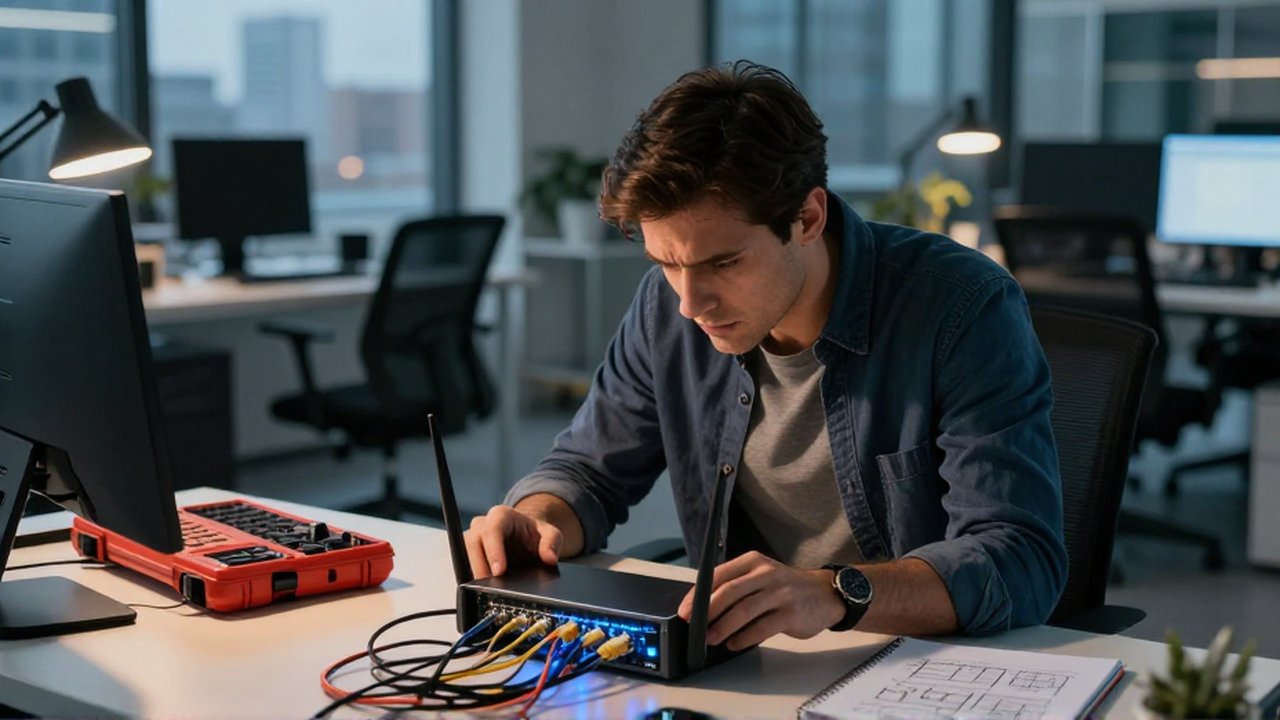 A stressed IT professional intensely troubleshoots a glowing network router and tangled cables in a dim office.