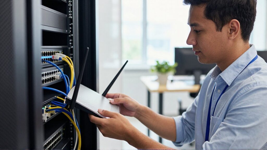 An IT specialist calmly inspects a glowing network router and tangled ethernet cables in a server cabinet.