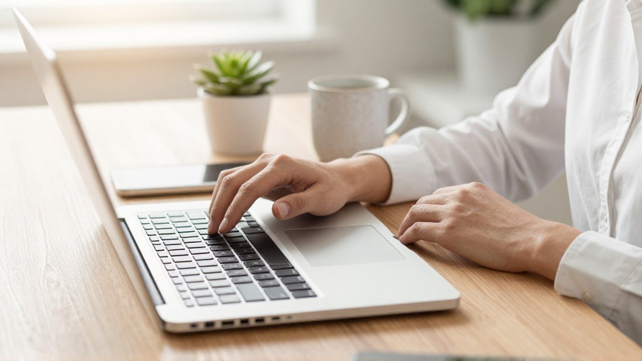 Hands using a modern laptop on a tidy wooden desk in a bright home office.