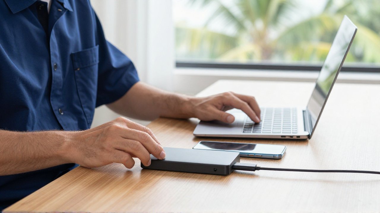 A technician's hands organize a portable hard drive and smartphone next to a laptop in a bright office.