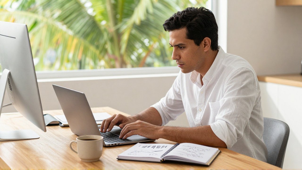 A professional sits at a sunny wooden desk in a home office, studying a laptop.