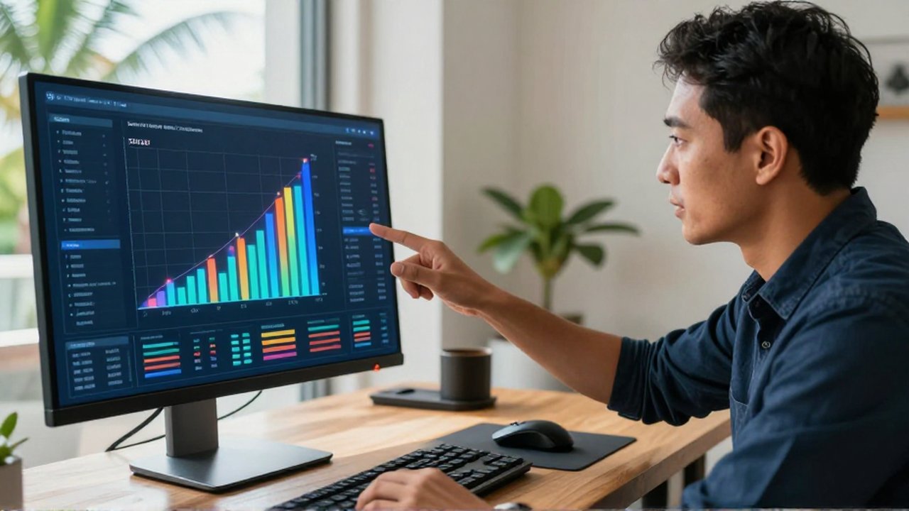 A focused professional analyst studies a glowing 3D bar chart in a sunlit, modern home office.