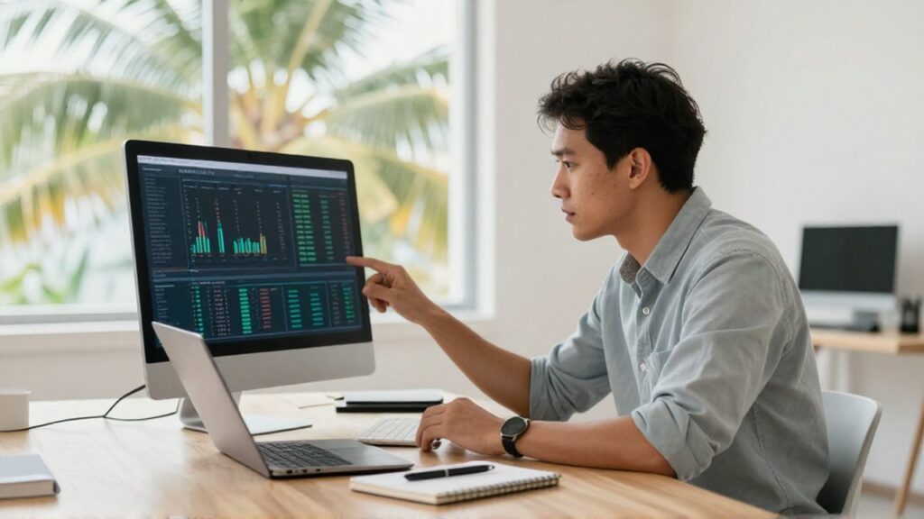 A professional focuses on data patterns on a monitor in a bright
