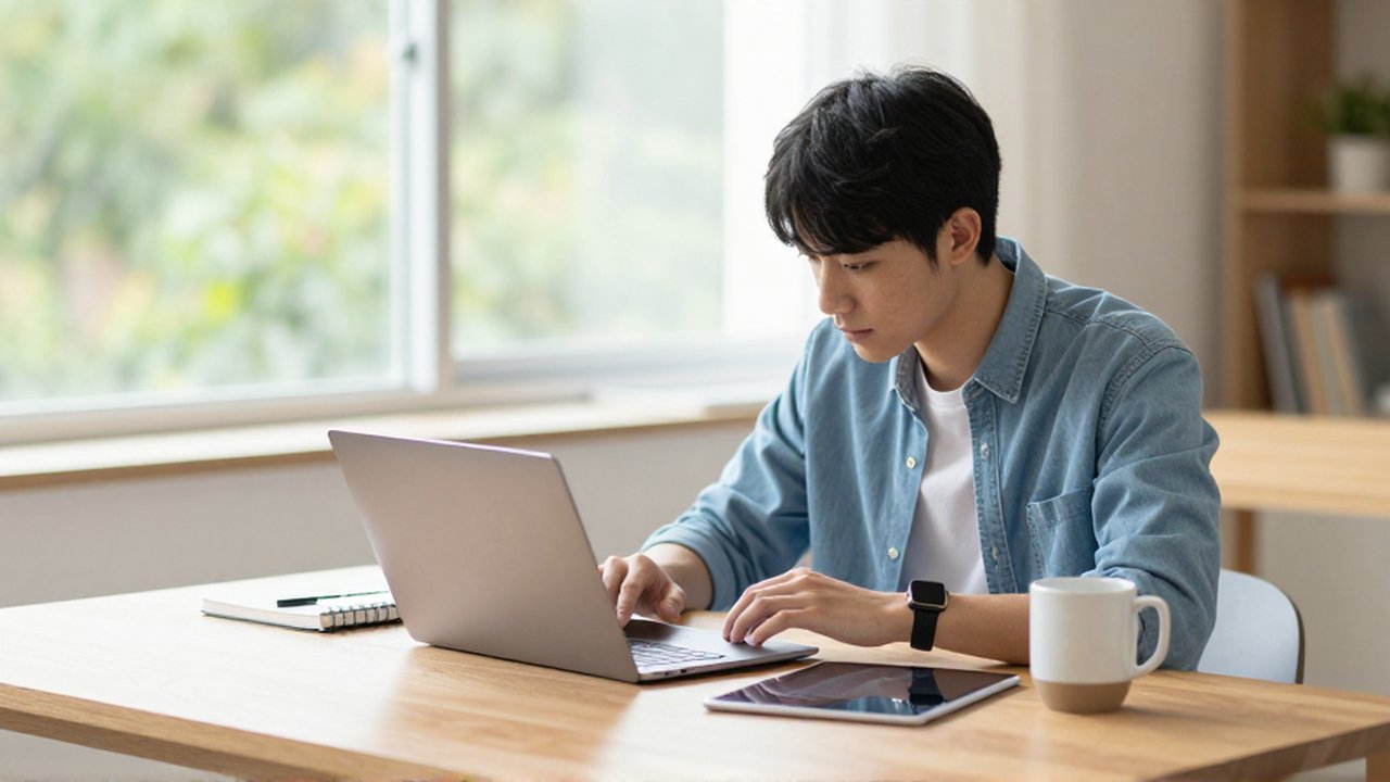 A student organizes research notes on a laptop and tablet at a sunlit wooden desk.