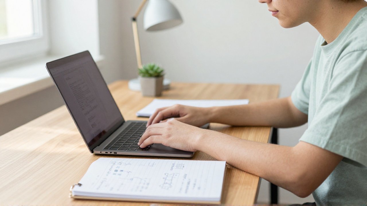 A student sits at a wooden desk, typing on a laptop and reviewing handwritten notes.