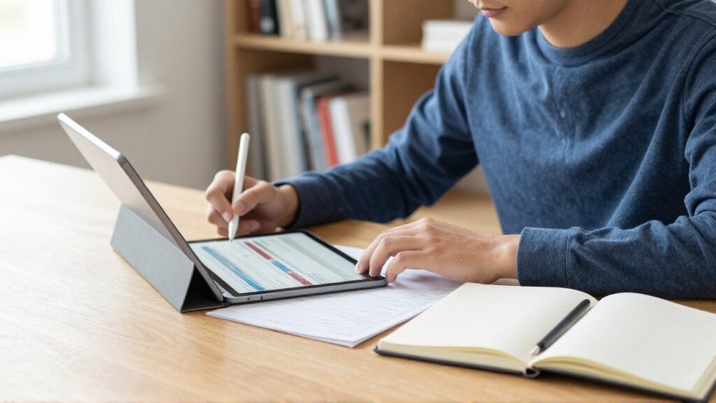 A focused student uses a tablet and notebook to organize research notes at a wooden desk.