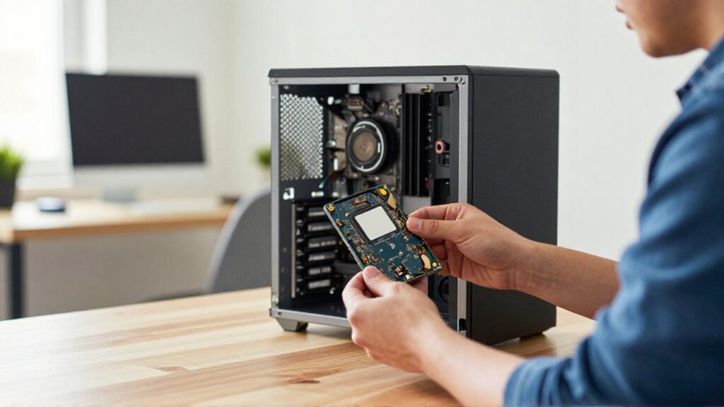 A technician holds an internal SSD while preparing to install it into an open desktop computer.