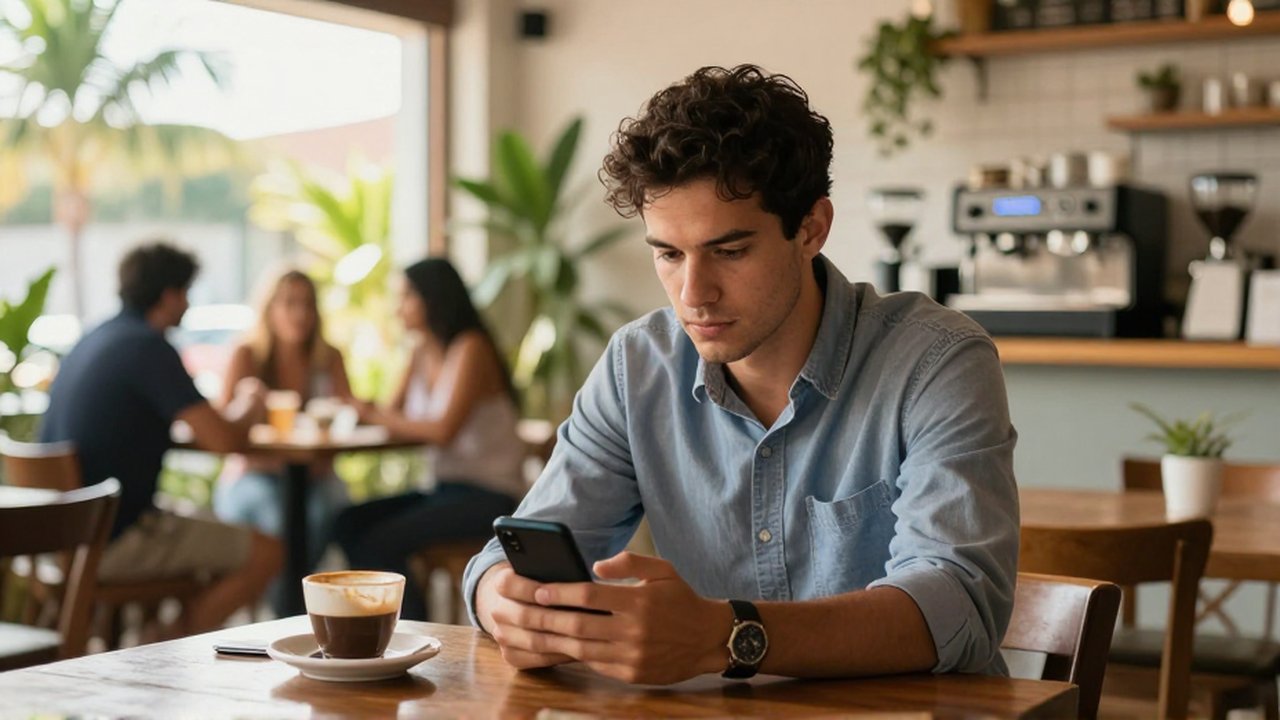 A cautious young professional discreetly checks their smartphone while sitting at a sunlit cafe table.