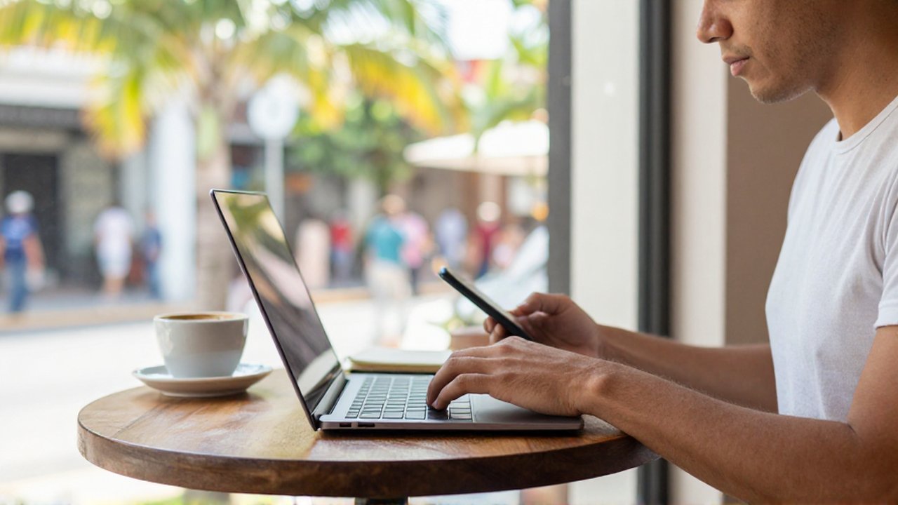 A person works on a laptop at a sunlit outdoor café table next to a coffee cup.