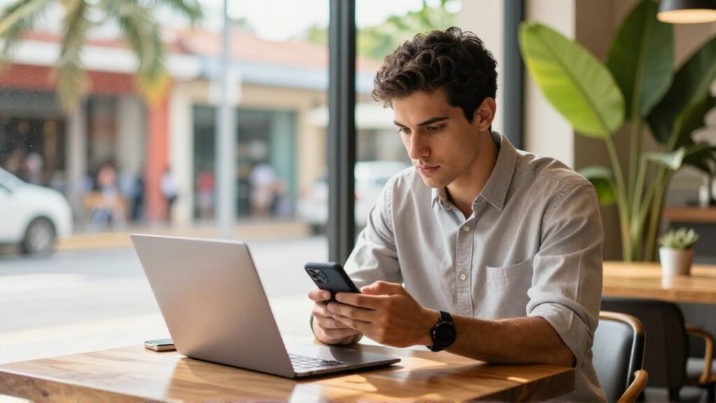 A focused young professional checks their smartphone at a sunlit wooden table in a modern cafe.