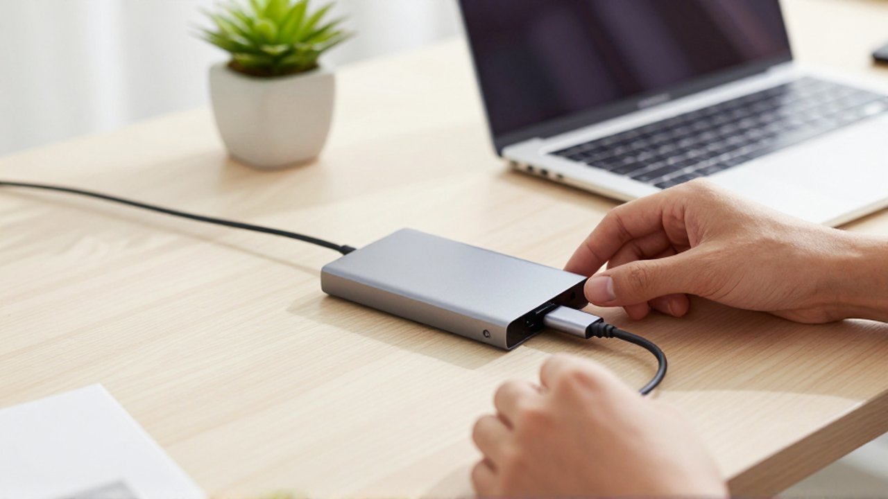 Hands connect a sleek external solid-state drive to a laptop on a wooden desk.