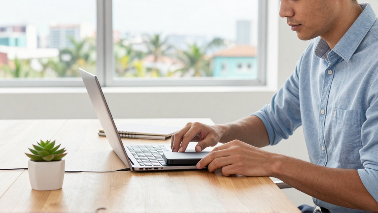 A software engineer plugs an external hard drive into a laptop at a bright, modern desk.