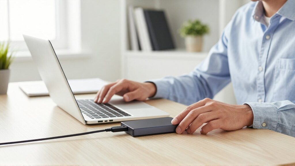 A professional plugs an external hard drive into a laptop on a tidy desk.