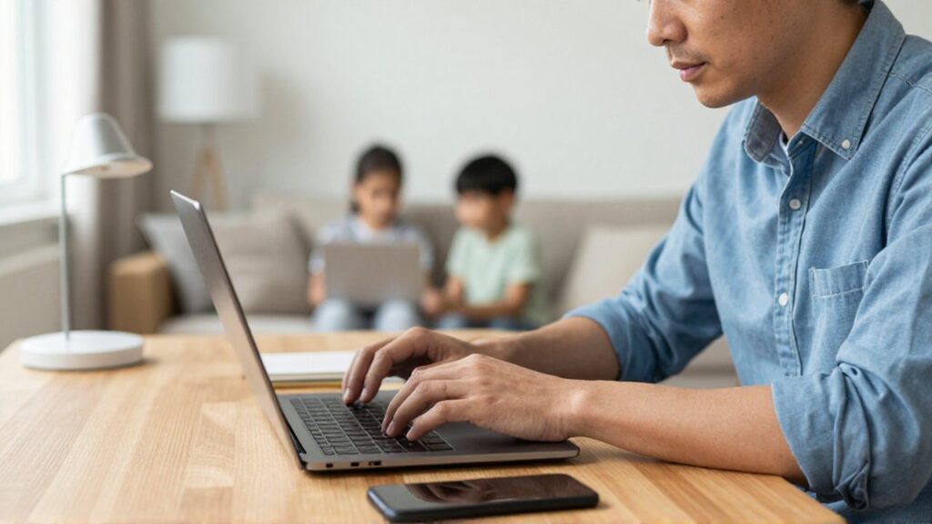 A focused parent sits at a wooden desk