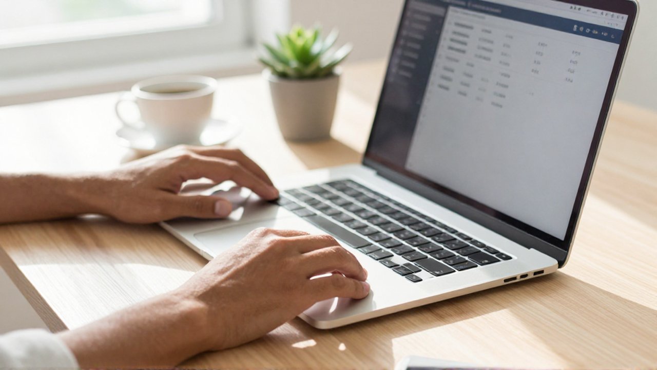 Hands use a laptop and mouse on a desk in a bright, minimalist home office.