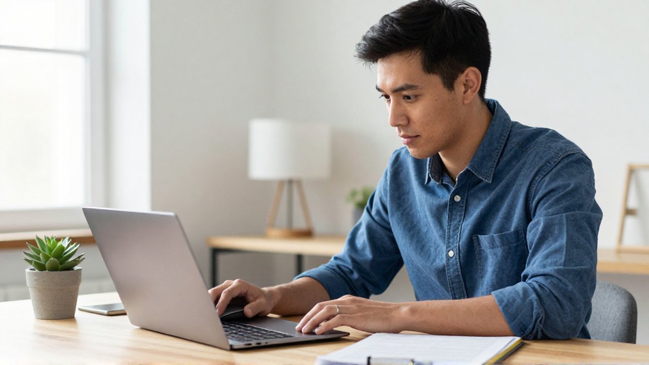 A focused professional works on a laptop at a tidy, sunlit wooden desk in a home office.