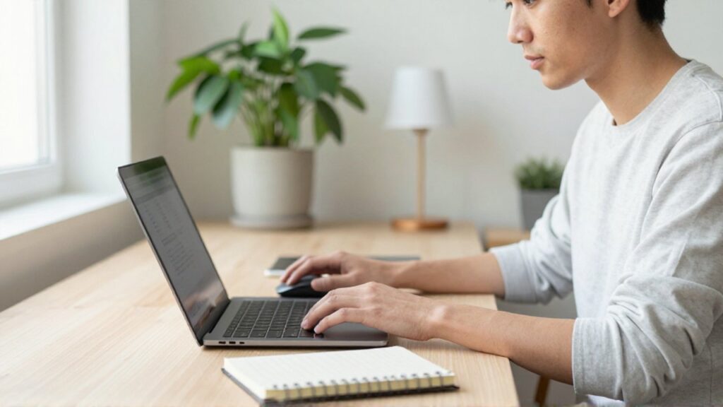 A young professional works on a laptop at a minimalist wooden desk in a bright home office.