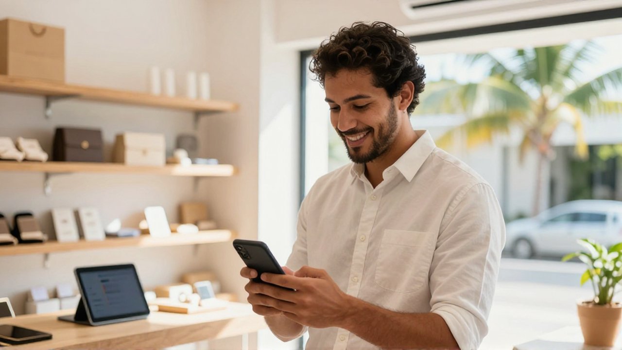 A smiling entrepreneur checks a smartphone inside a bright, modern boutique shop.