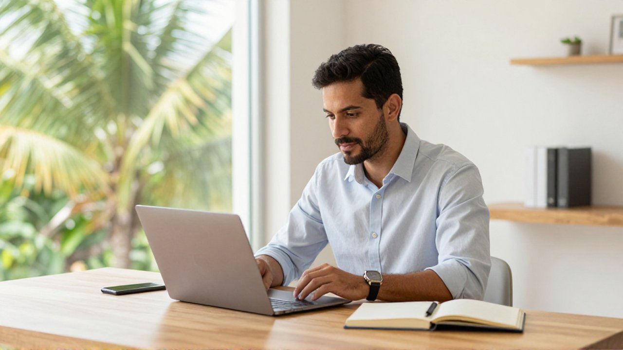 A professional business owner reviews digital workflows on a laptop at a bright wooden desk.