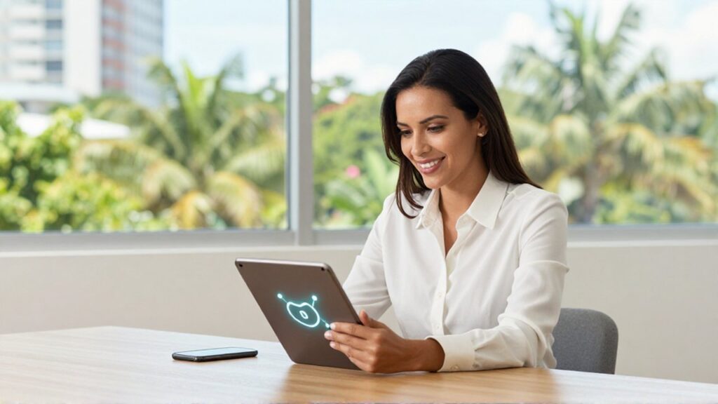 A smiling business owner in a bright office looks at a tablet on a wooden desk.