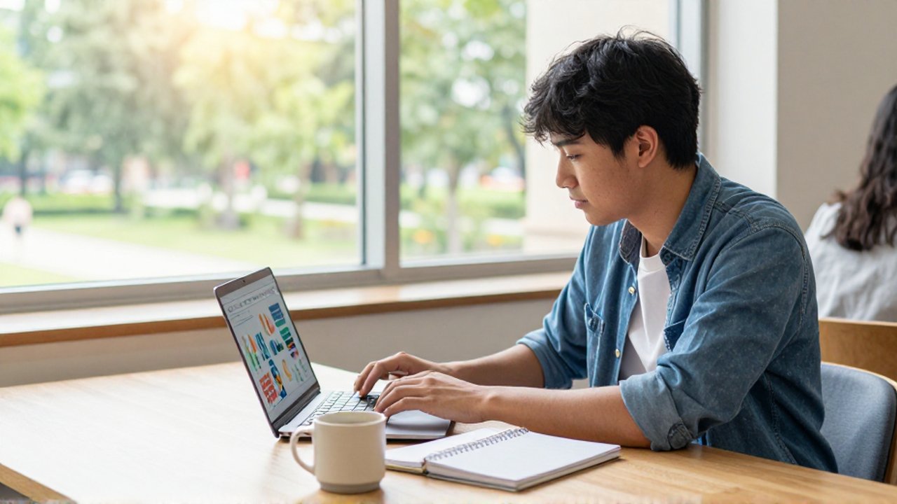 A focused university student works on a graphic design presentation at a desk in a sunlit campus lounge.