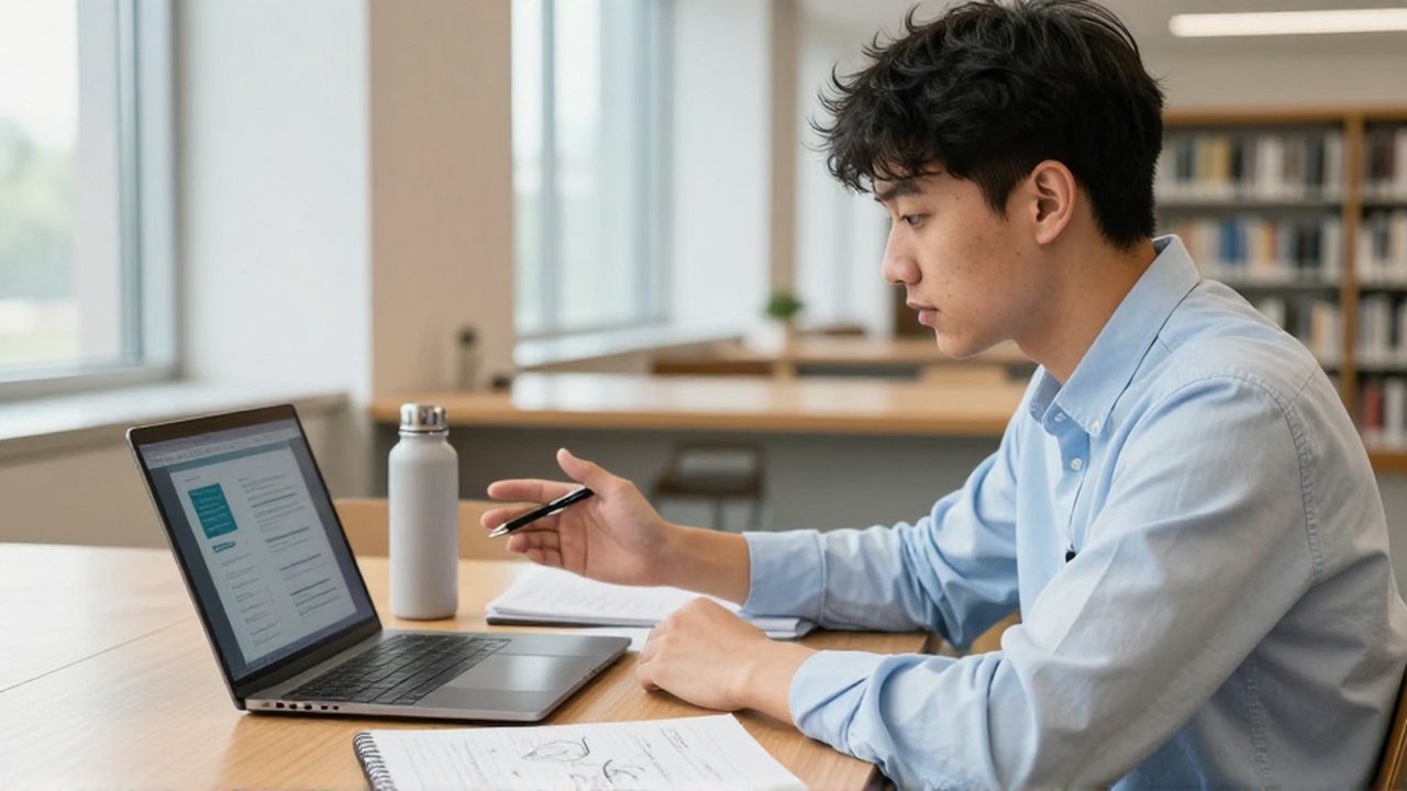 A focused student reviews digital slides on a laptop at a wooden desk in a bright library.