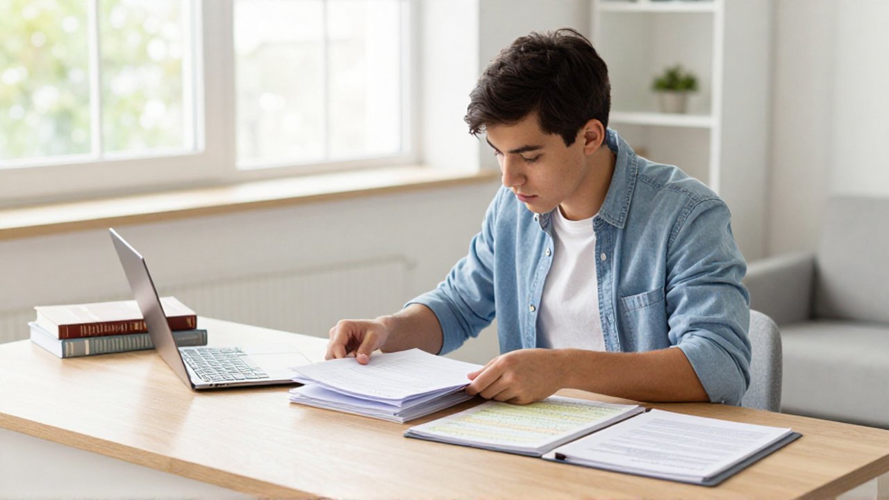 A university student organizes printed research papers and handwritten notes into folders at a wooden desk.