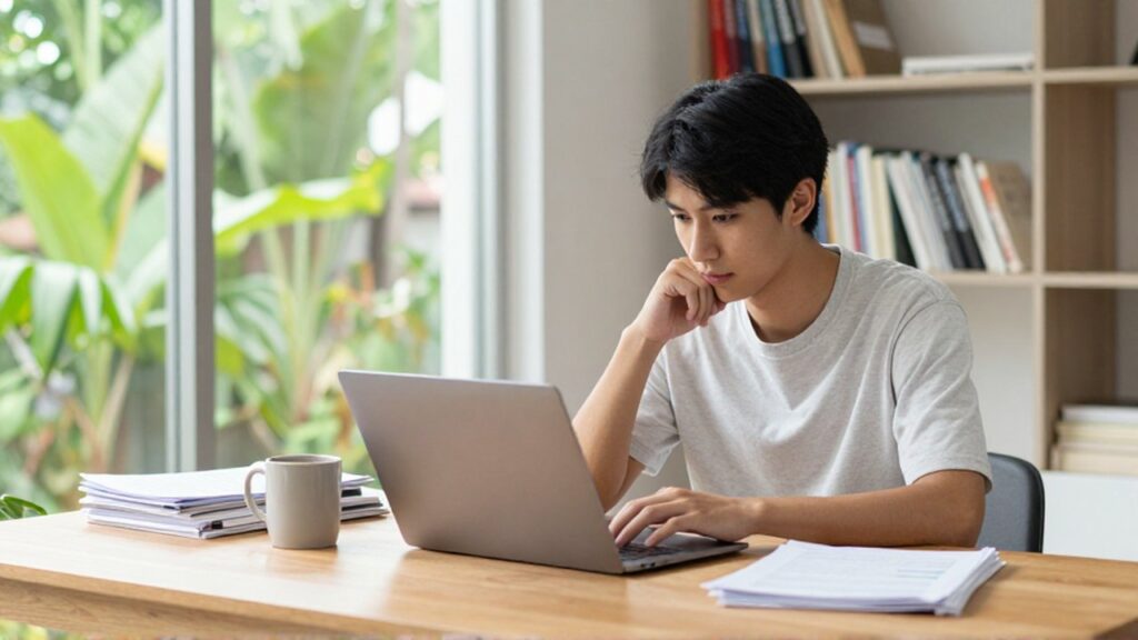 A student researches on a laptop at a wooden desk in a bright home office.