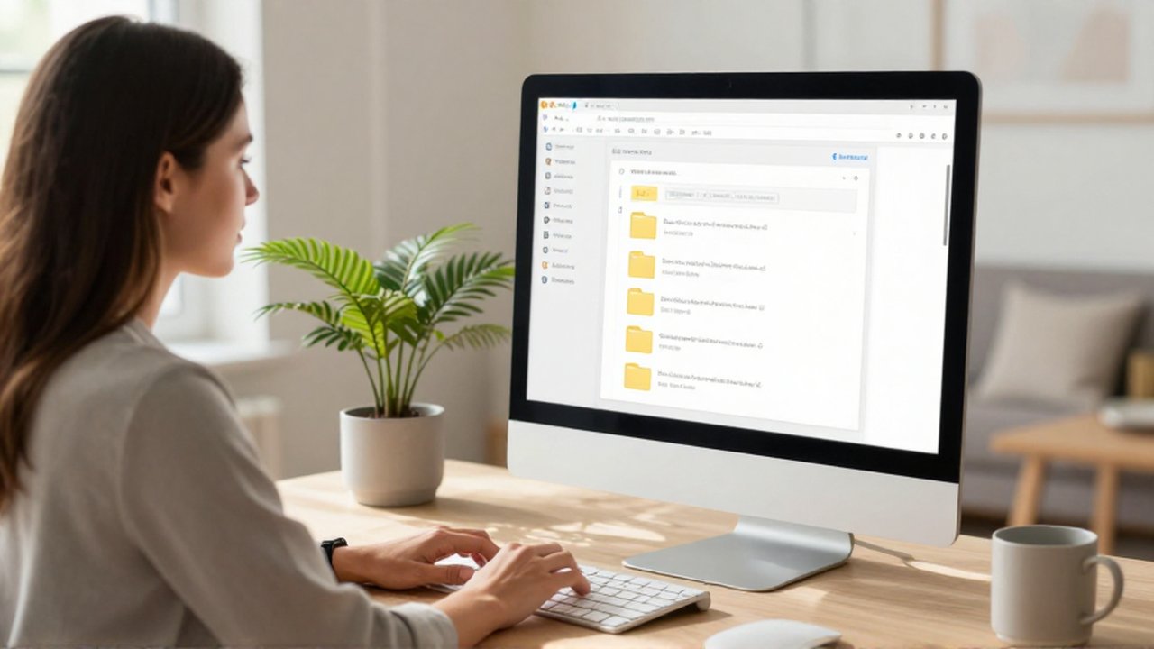 A focused woman organizes digital files on a large monitor in a sunlit, modern home office.