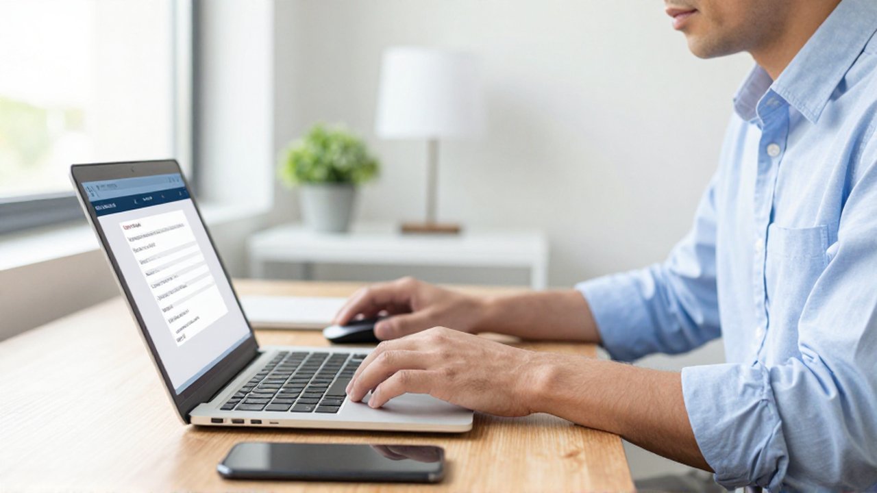 An IT administrator works on a laptop at a clean, modern desk in a bright home office.