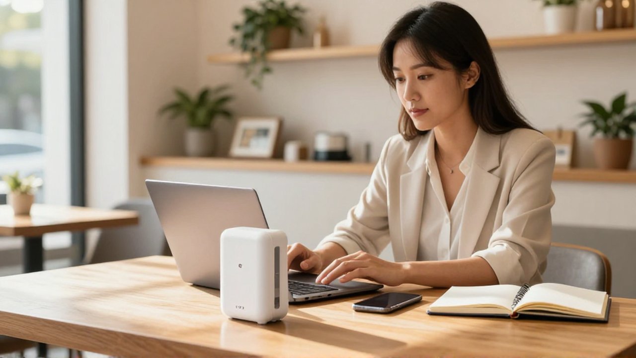 A woman in a sunlit cafe sets up a white mobile hotspot next to her laptop.